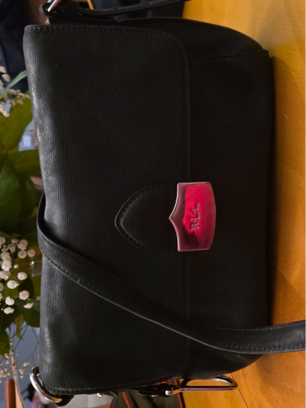 Ralph Lauren Black Leather Crossbody with Flap Silver Logo Clasp